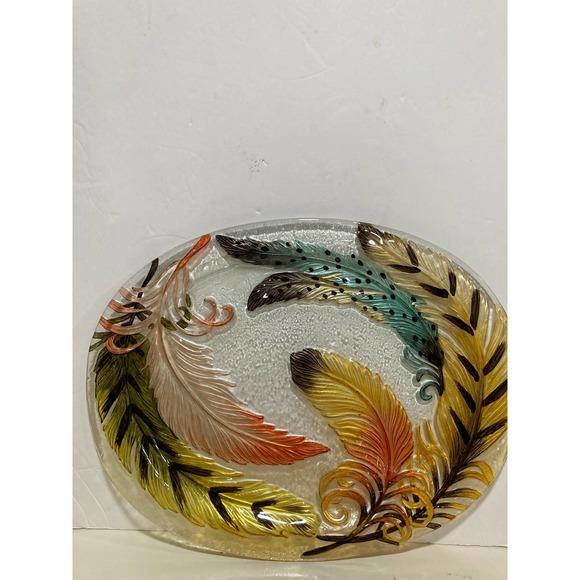 Oval Glass tray Inlayed with Feathers 15"x 12" - Picture 2 of 7